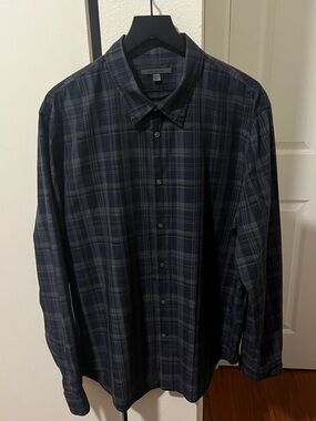 John Varvatos Navy and Black Plaid Button-Down Shirt
